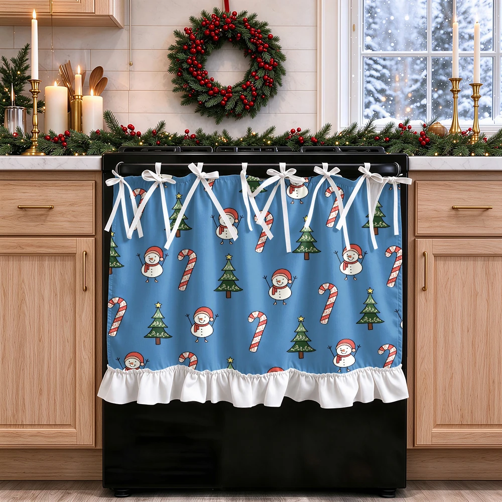 1PC lace up kitchen curtain, ruffled hem, 2D flat Snowman Tree Candy pattern, cabinet cover curtain, Christmas home decoration