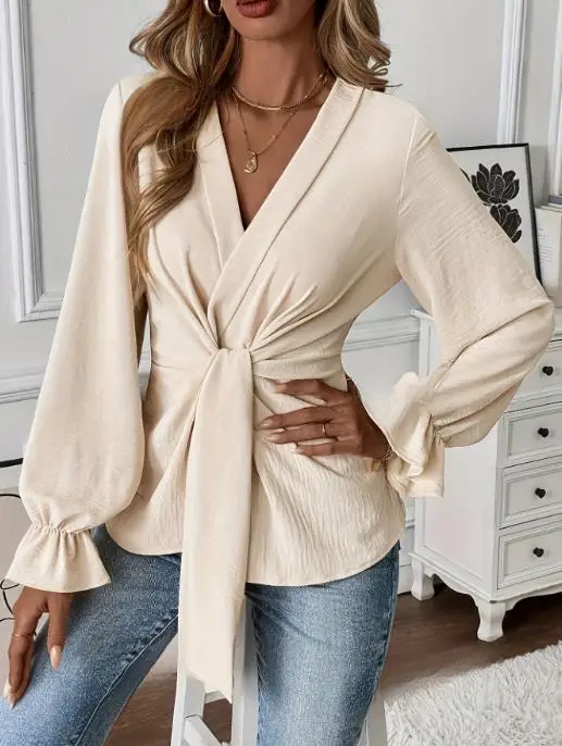 

2026 New Fashion Casual Elegant Sexy V-Neck Long Sleeved Shirt Autumn Pullover Top Female Clothing