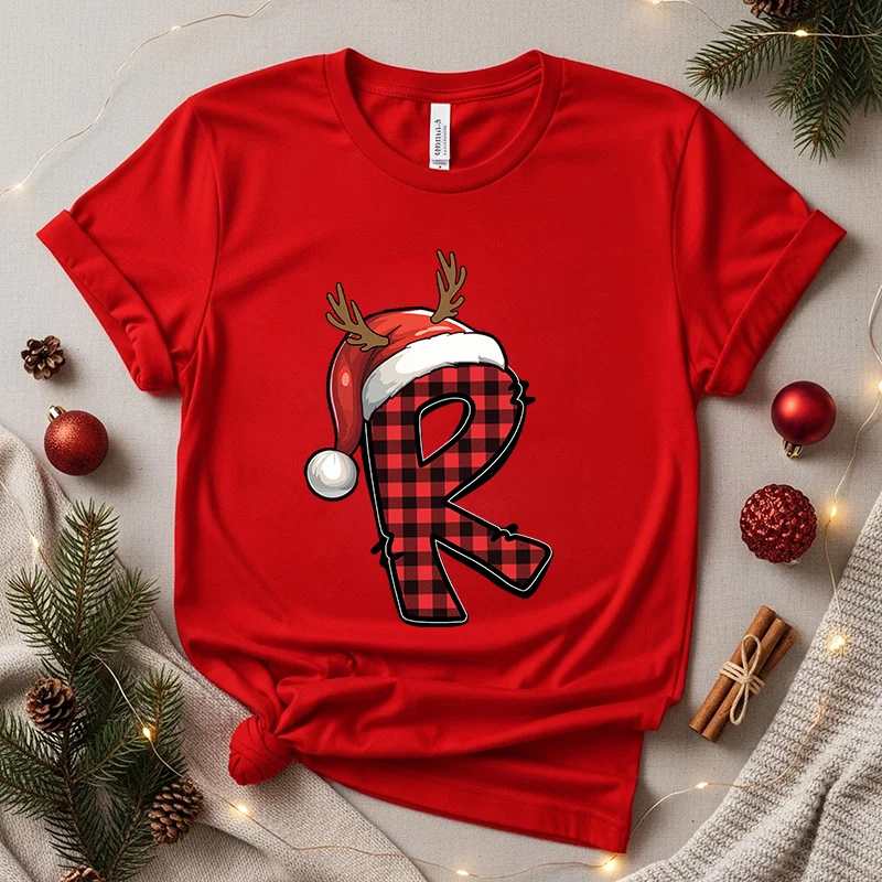 

Женская футболка с рождественским алфавитом, повседневная модная футболка с коротким рукавом, уличная одежда с алфавитом Санты, повседневная модная женская футболка