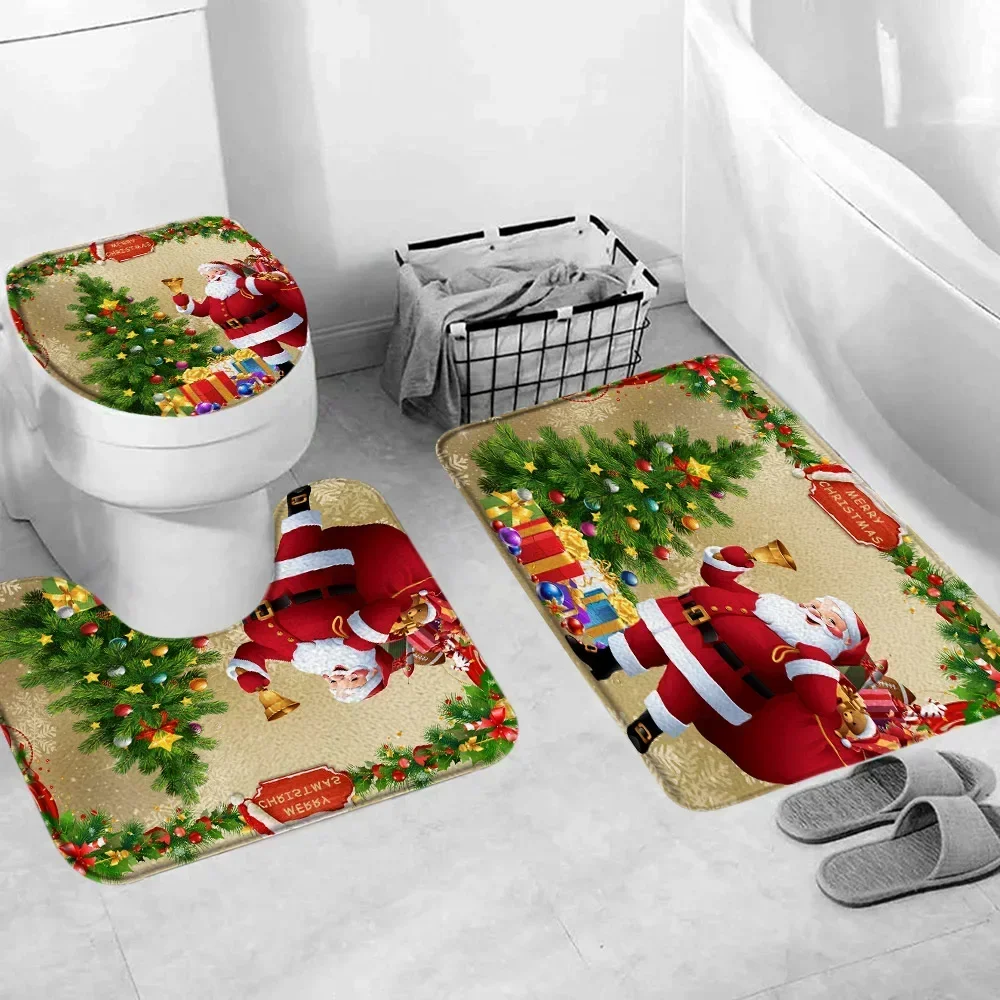 Merry Christmas Bathroom Rug Set Santa\'s Gift Green Pine Bells Happy New Year Bath Mat Toilet Mat Bathroom Rug Set