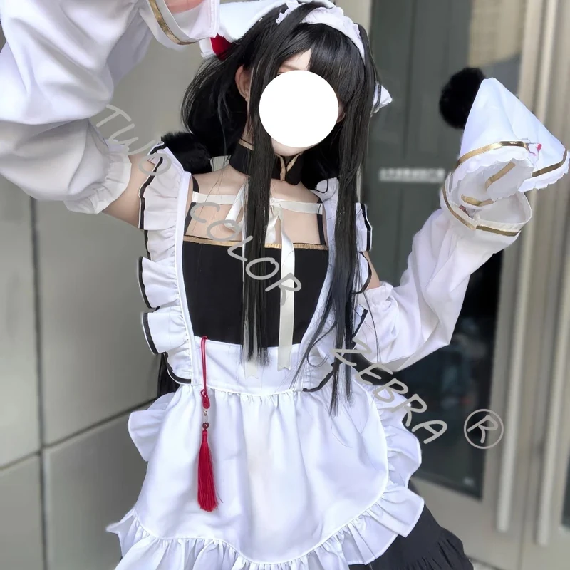 A;3\v,7'd/Game Azur Lane Chang Feng Cosplay Costume White Maid Cos Dress with Frilled Apron Choker Headress Props Wig w.3;v'6\b/ view 5
