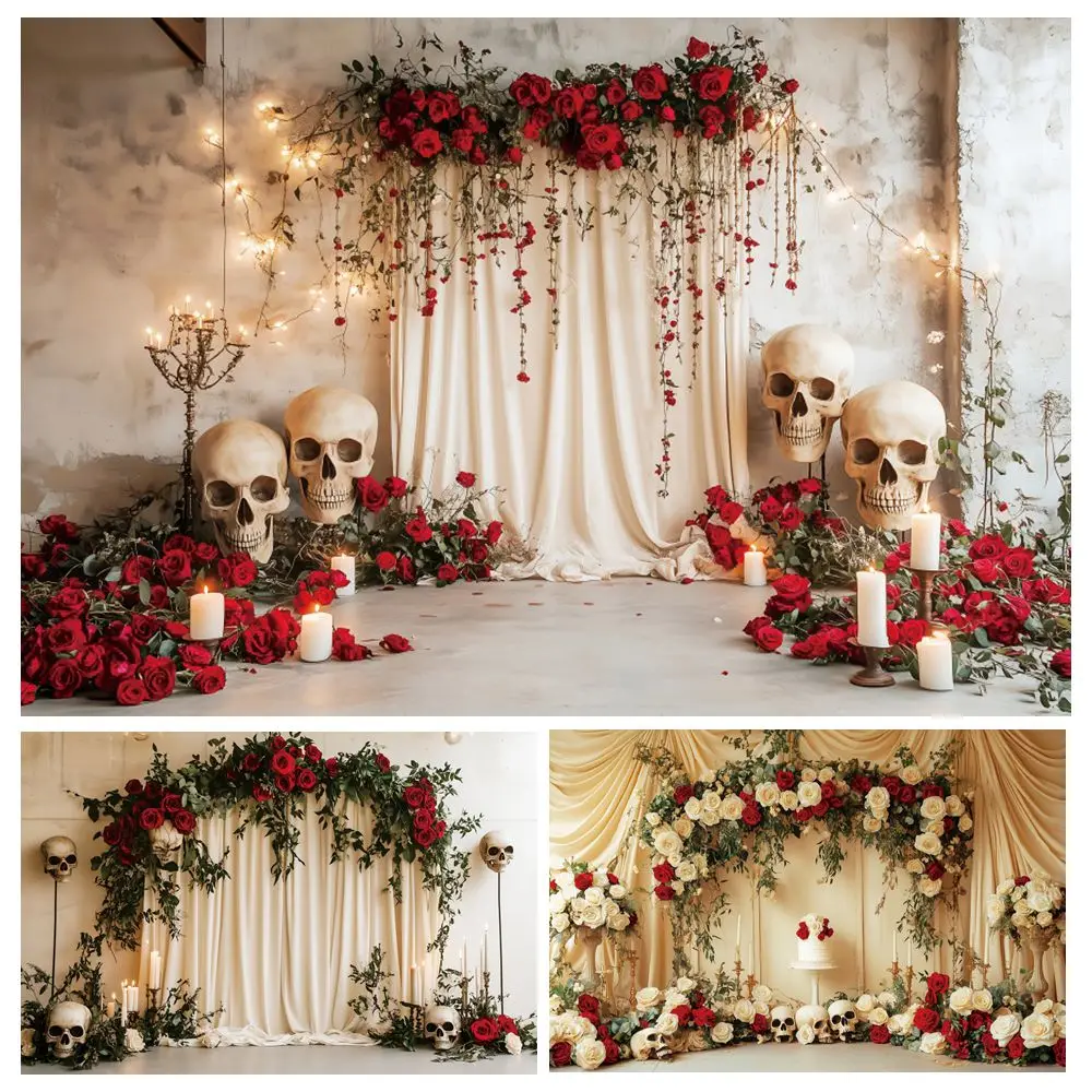 

White Red Flowers Vintage Wall Skull Backdrop Halloween Wedding Birthday Party Photography Background Banner Photo Studio Props