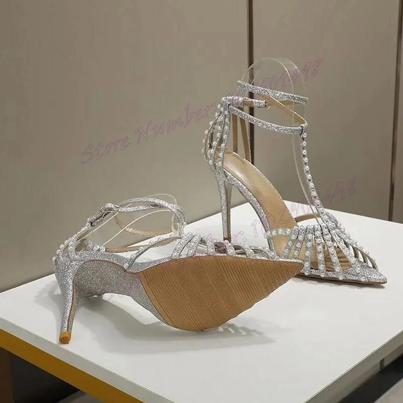 

Silver Pearl T-strap Back Strap Sandals Pointy Toe Shoes for Women Stiletto High Heels Party Sexy Shoes 2023 Zapatos Para Mujere