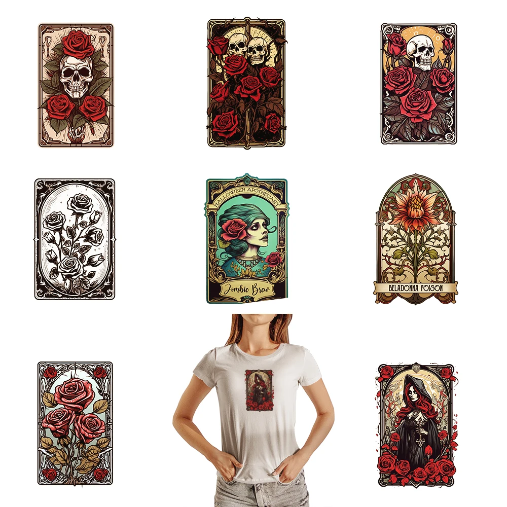 Night Phantom Opera Series Rose Skeleton Retro Gothic Flowers Iron on Transfers for T Shirts Dtf Transfers Ready to Press Patch