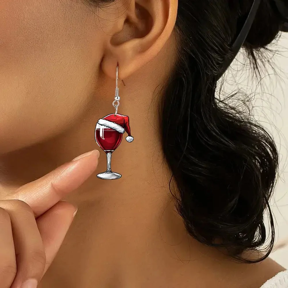 Christmas Red Wine Glass Drop Earrings Christmas Hat New Year Wine cup Acrylic Pendant Earrings Woman Friends Jewelry Gift