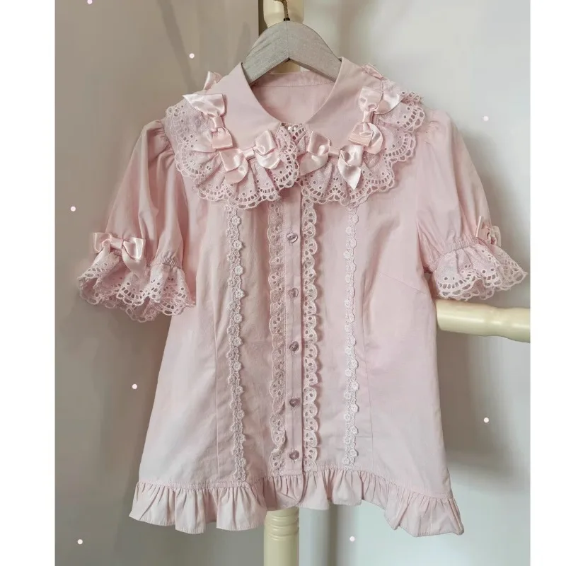 Lolita Retro Originele Veelzijdige Boog Kant Peter Pan Kraag Lange/Korte Mouw Lotus Knoop Shirt Leuke Meisjes Nieuwe Blouse Womens tops