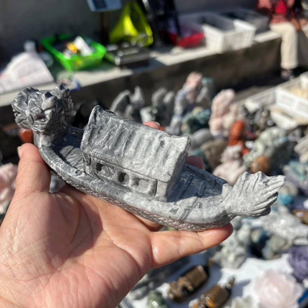 Natural Picasso Stone Dragon Boat Carving - Healing Crystal Dragon Ship Statue Home Desk Decor Collectible Ornament