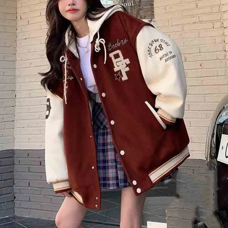 

American Retro Preppy Style Baseball Jacket Plush Thick Blazers Women Autumn Winter New Student Harajuku Cardigans Hooded Coat