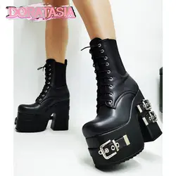 DORATASIA Women's Boots Punk Goth Trendy Luxury Metal Buckle Lace UP High Heels Platform Shoes Cool Fashion Motorcycle Boots