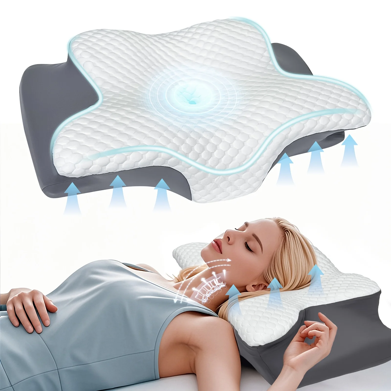 1 Stück Nackenkissen, ergonomisches Nackenkissen aus Memory-Schaum, Linderung von Nackenschmerzen, kommt für Unterstützung auf der Rückseite, Schläfer, Geschenk, Bettwäsche, Grau