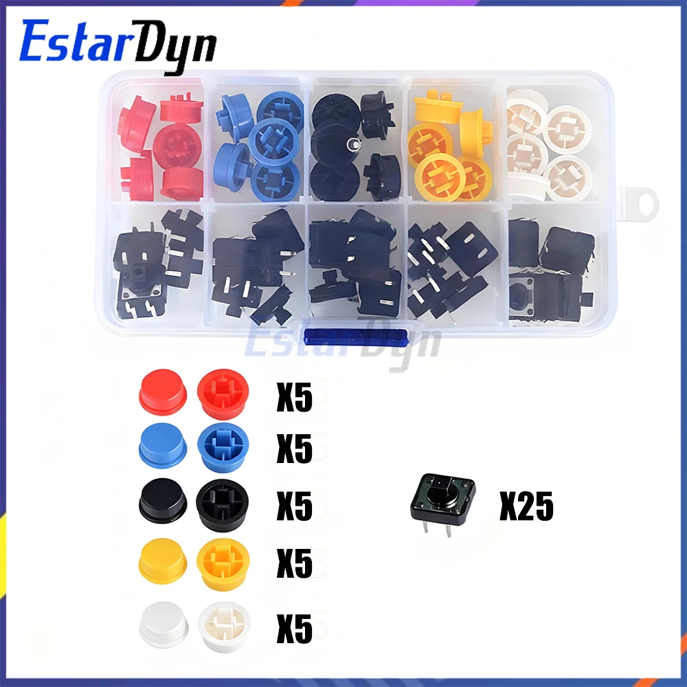 25PCS Tactile Push Button Switch Kit, 12x12mm Momentary Micro Switch with Assorted Color Caps for Arduino Raspberry Pi DIY