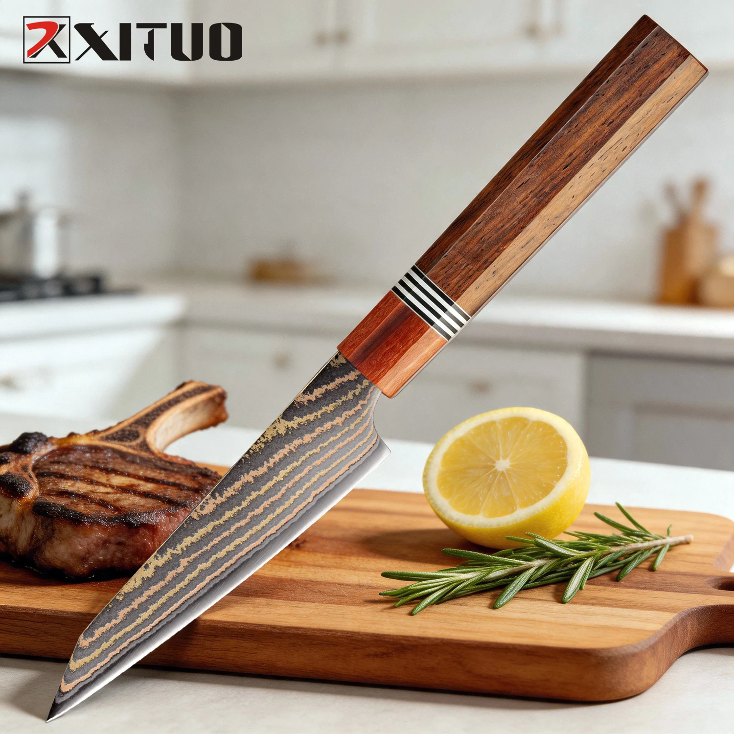 XITUO 5 Inch Utility Knife, Rosewood Handle, 37-layer Copper Damascus Steel Sharp Kitchen Chef Knife for Paring Fruit,Vegetables