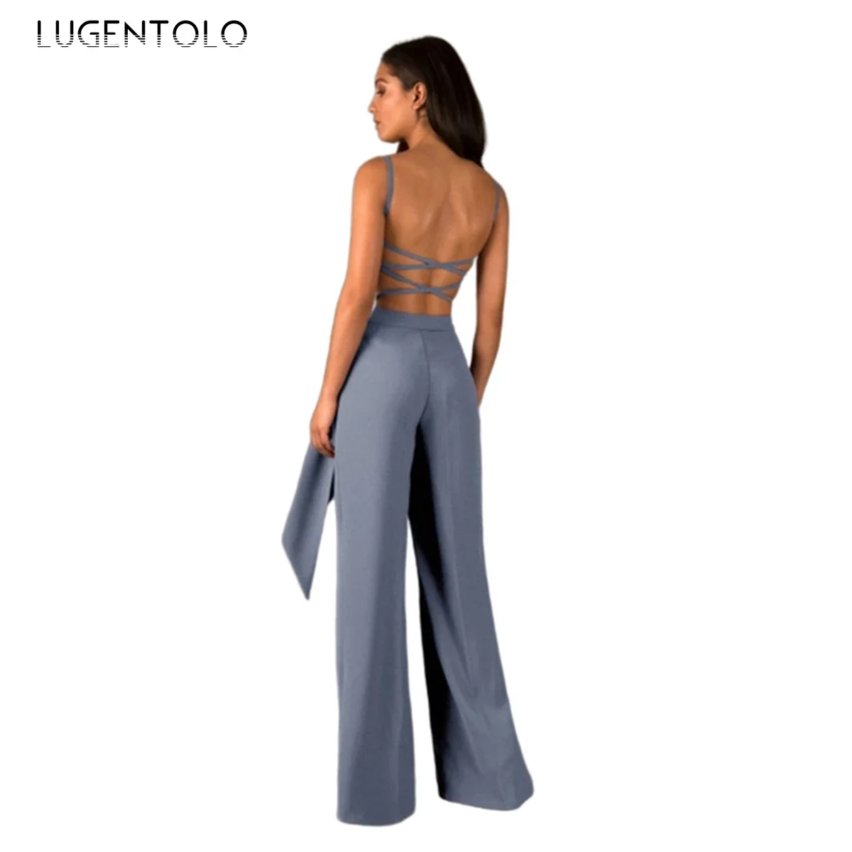 Sexy Jumpsuit Dames Temperament Mouwloos Backless Effen Dames Feest Nachtclub Lange wijde broek Lugentolo