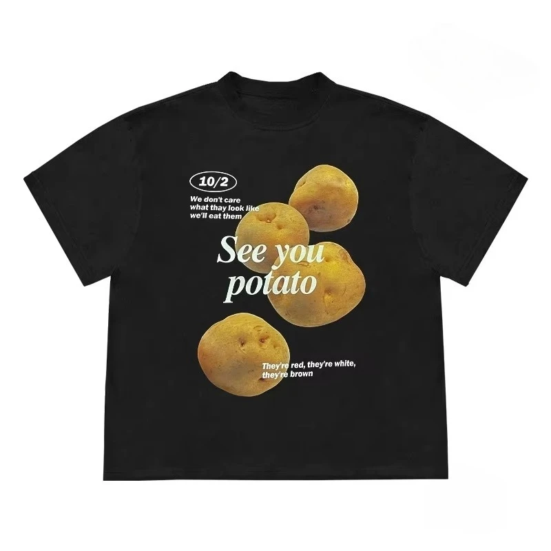 

SummerAmerican Retro Minimalist Summer Creative Potato Design Niche Pure Cotton Loose Breathable Sweat-absorbing Versatile