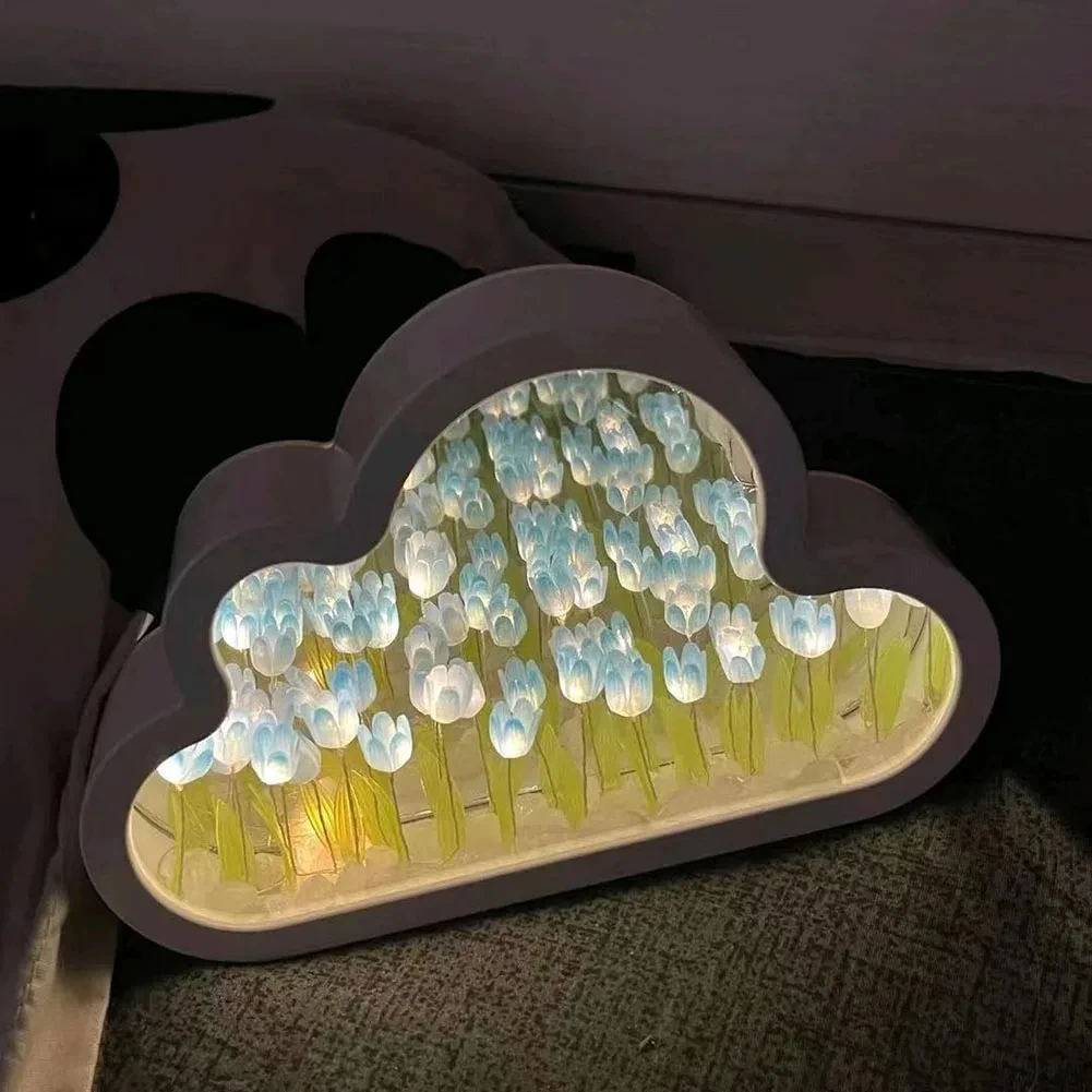 DIY Cloud Tulip LED Night Light Mirror Table Lamps Bedroom Ornaments Decoration Mirror Table Lamps Bedside Handmade Gift