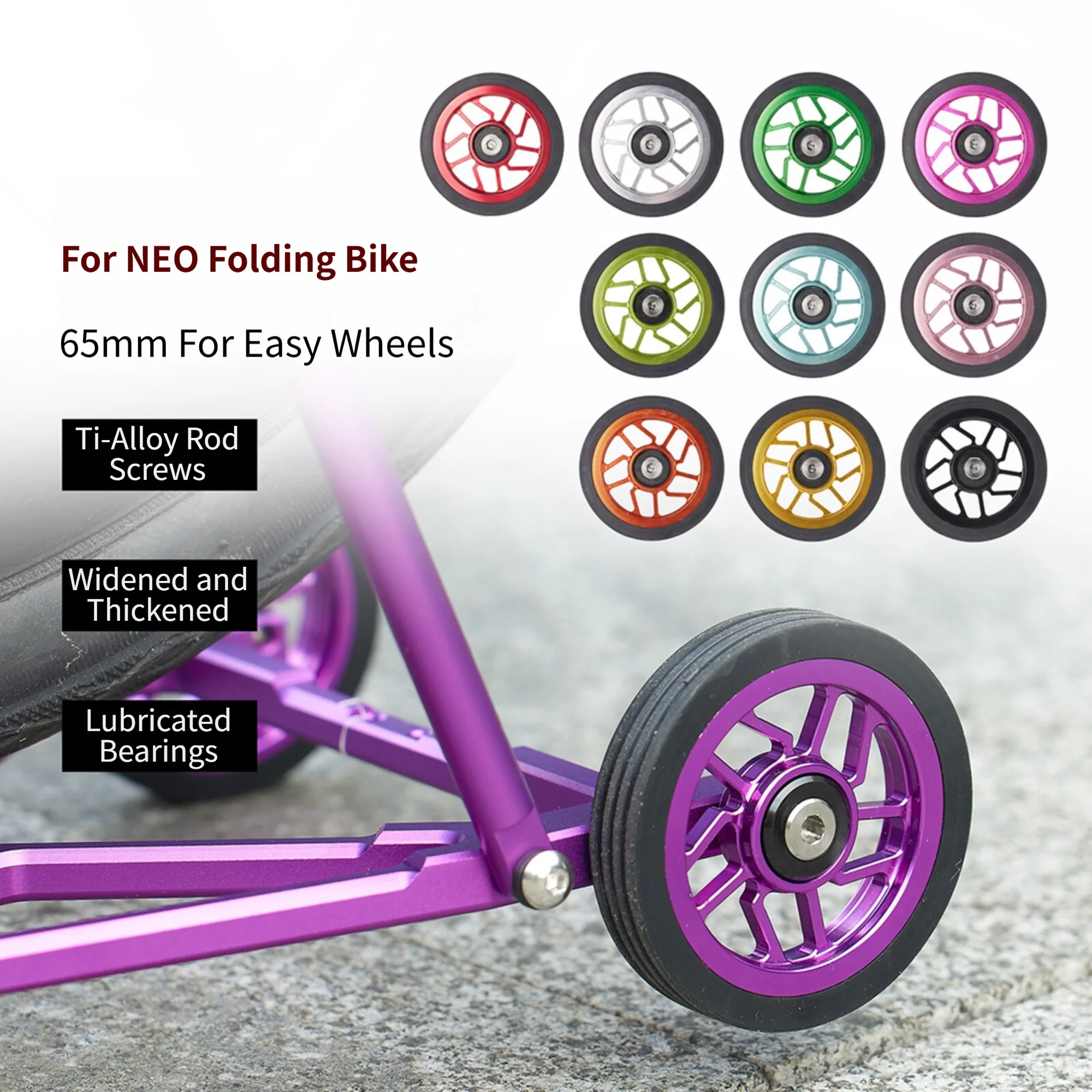 65mm Wide Folding Bike Wheel Assembly with Hollow Aluminum Core Ti-Alloy Screws and Dust-Resistant Sealed Bearings