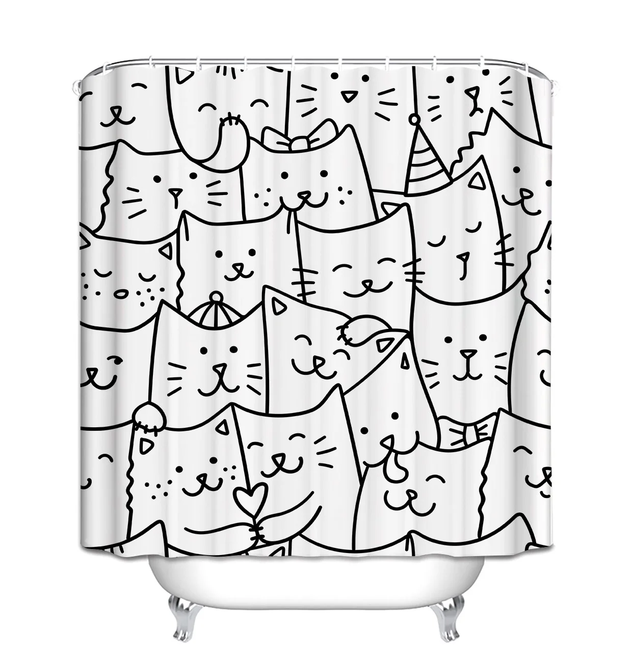 Black Line Katzen-Duschvorhänge, waschbarer Stoff, Polyester, für Badewanne, Kunst, Badezimmer, Dekor, Trennwand mit Haken, zum Aufhängen, wasserdicht – Detail 14