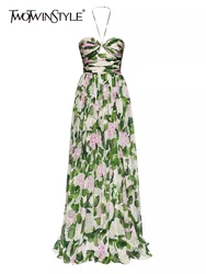 TWOTWINSTYLE Hit Color Dresses For Women Halter Sleeveless High Waist Off Shoulder Sexy Summer Dress Female Fashion Clothes New