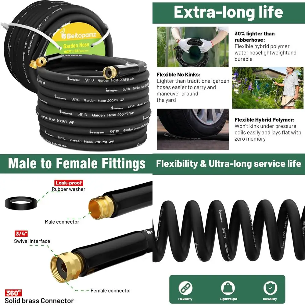 

Heavy-Duty 100 Ft Garden Hose, 5/8 Inch Flexible Rubber Hybrid, Durable and Lightweight, Leak-Free Connections, Suitable for Out