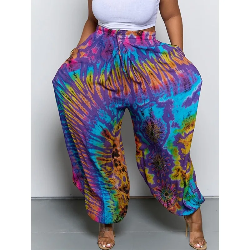 ティナ・ヒッピー タイダイ柄 ハーレムパンツ レディース 2026 レトロ ボヘミアンスタイル ハイウエスト バギー ランタンレッグ 音楽フェスティバルパンツ 159642
