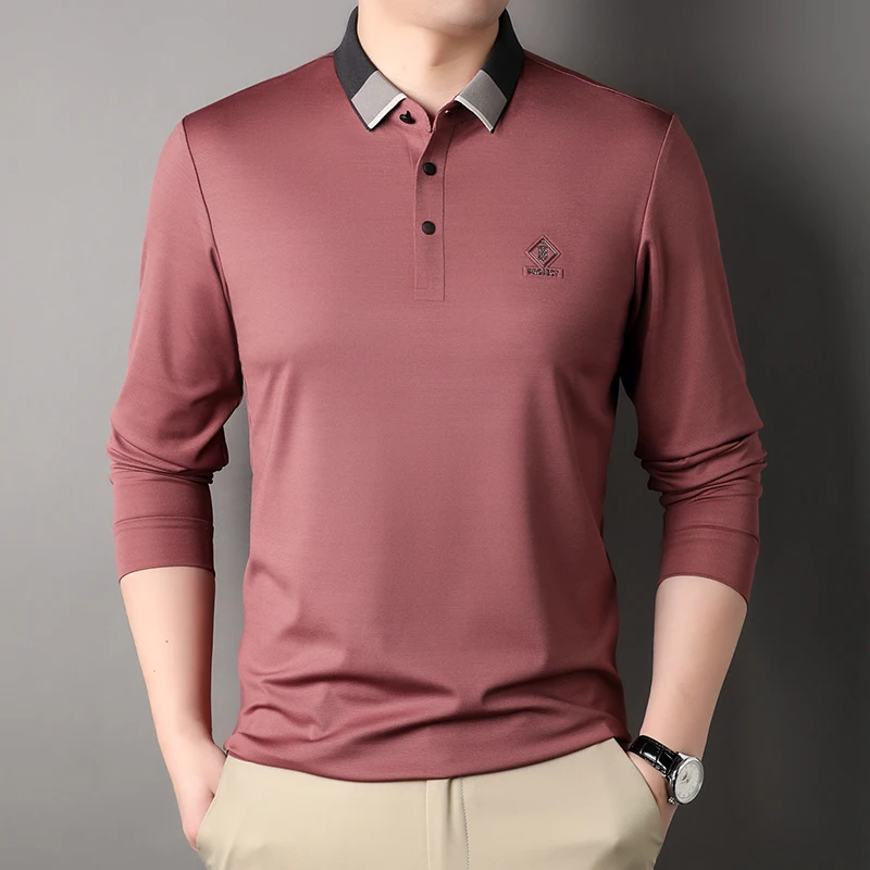 High Elasticity Men's Polo Shirts High Quality Long Sleeve Seamless Solid Color Spring Autumn Casual Male T-shirts 4XL