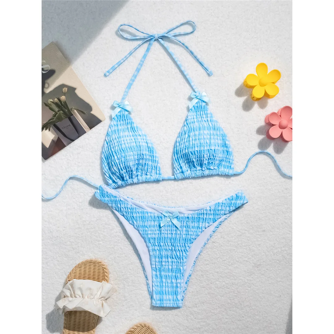 Kariertes Neckholder-Bikini-Set mit Falten und Schleife, zweiteiliger Damen-Badeanzug, brasilianischer Badeanzug, Badebekleidung, Schwimmanzug V6512 – Detail 11