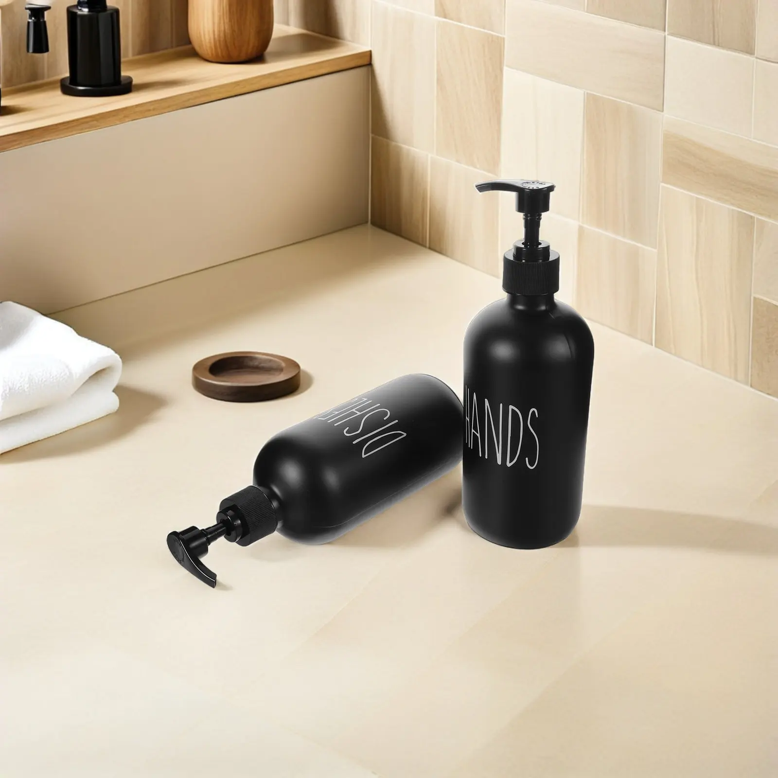 2Pcs Black Refillable Soap Dispenser Set Pump Bottles for Bathroom Kitchen Countertop Dish Soap Facial Cleanser