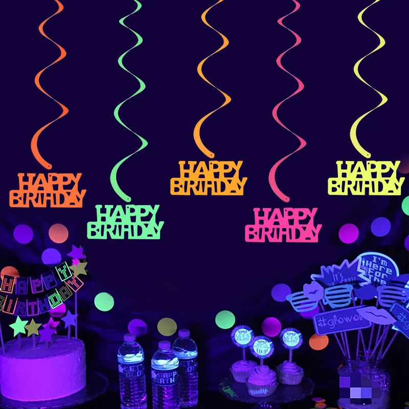 

Neon Glow Happy Birthday Paper Banner Hanging Spirals Birthday Party Wedding Decoration Black Light Reactive UV Glow in the Dark