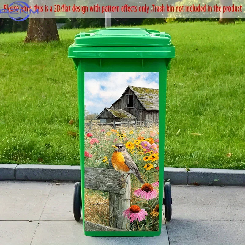[2D Flat Printing] 1pc 2D Pattern Printed Kitchen Trash Can Sticker, X Cm Pastoral Colorful Birds Perch Theme Kitchen Home Dec