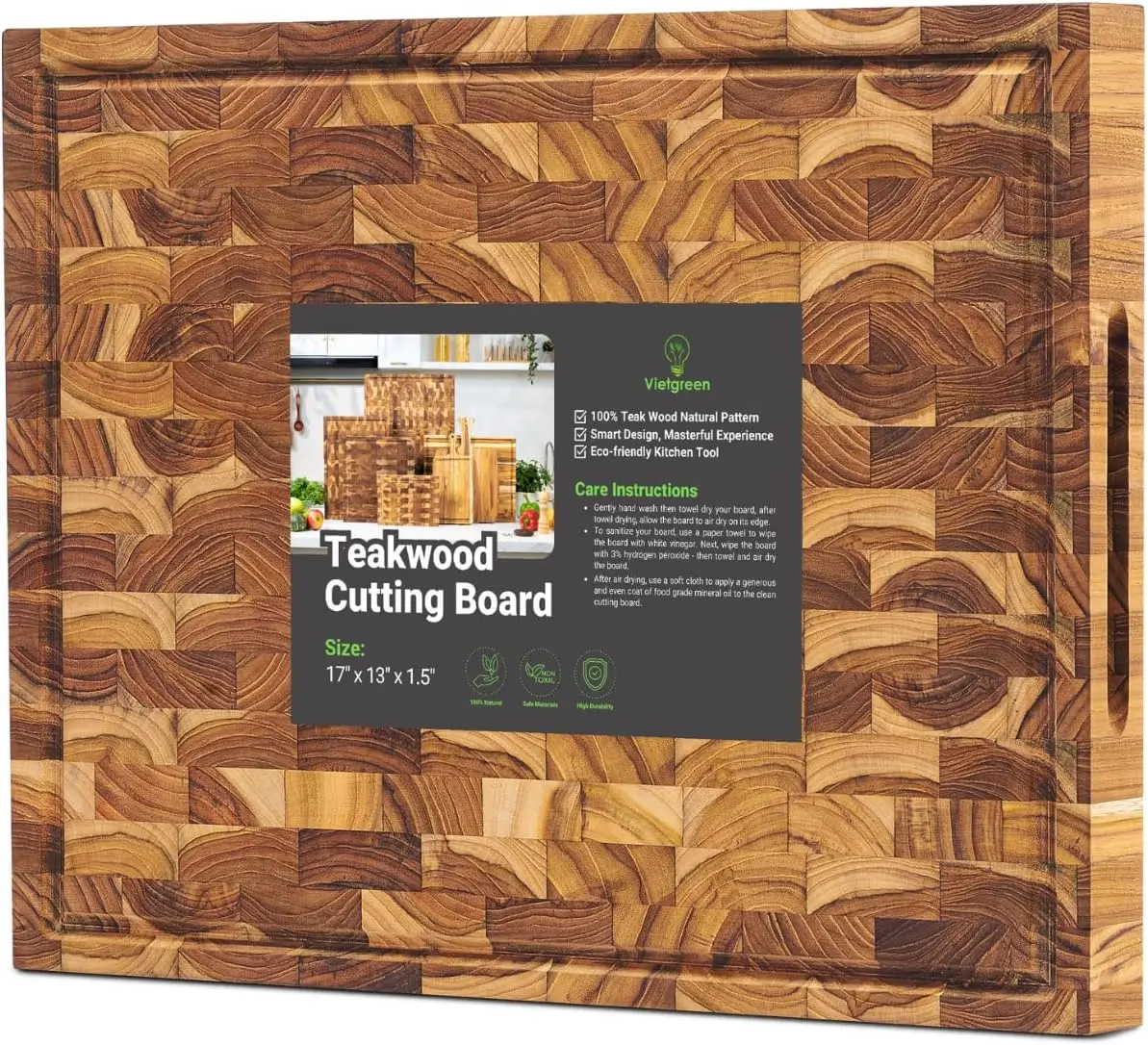 

GREENIDEA Teak Wood Cutting Board, Butcher Block With Juice Groove and Handle, Knife Friendly, Reversible, Large Teak En