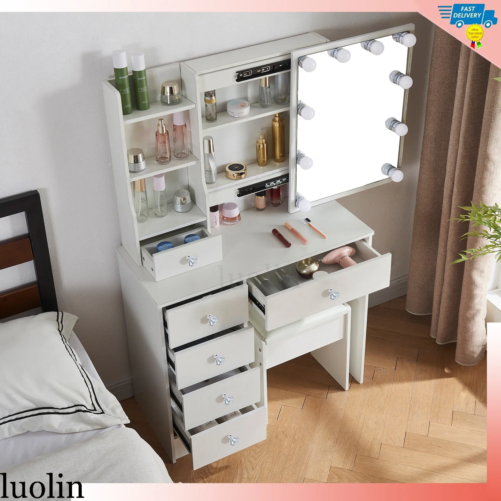 مجموعة أدوات مكتب مكياج ومرآة لطاولة الزينة مع أضواء LED باللون الأبيض