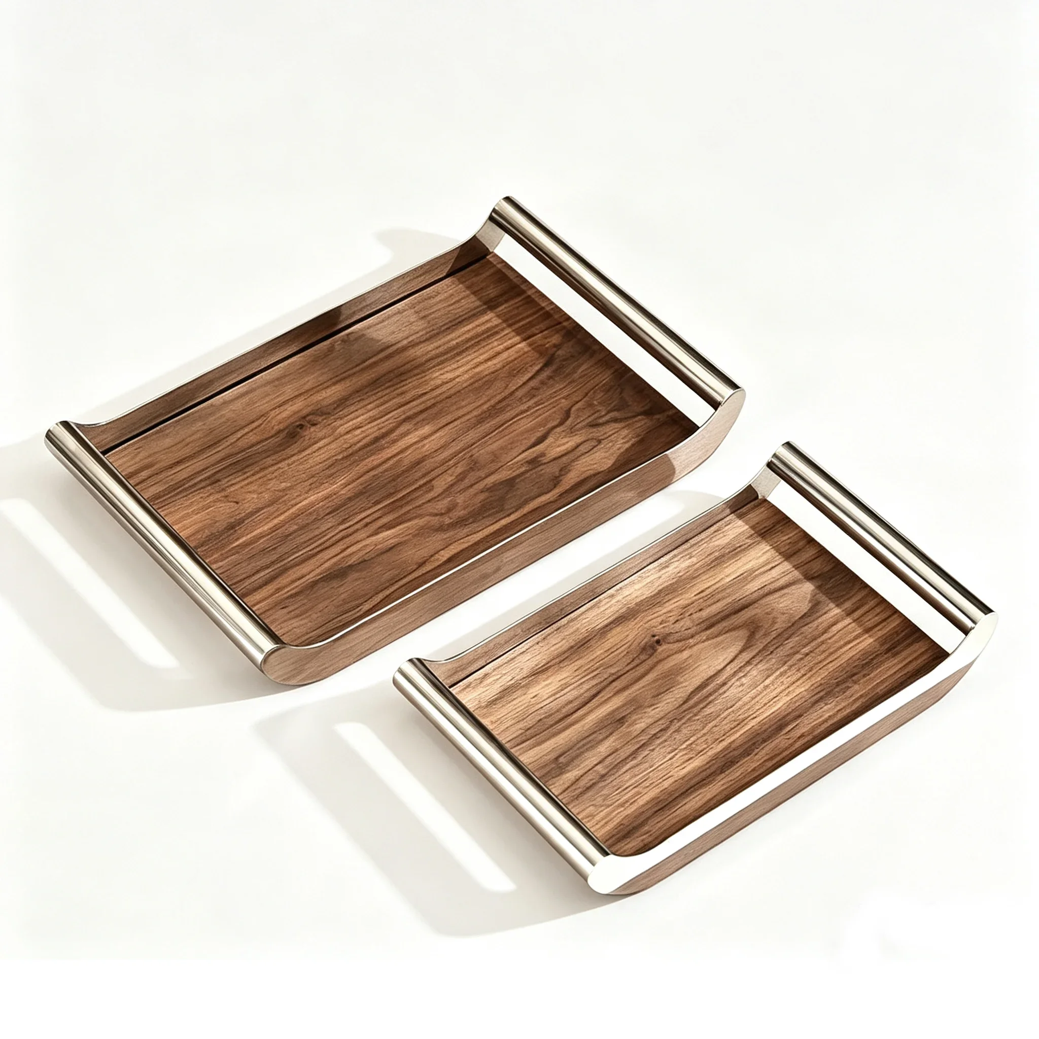 Retro Walnut Wood Serving Tray Rectangle Stainless Steel Plate Simple Italian Decor Tray for Aromatherapy Dining Home Ornament