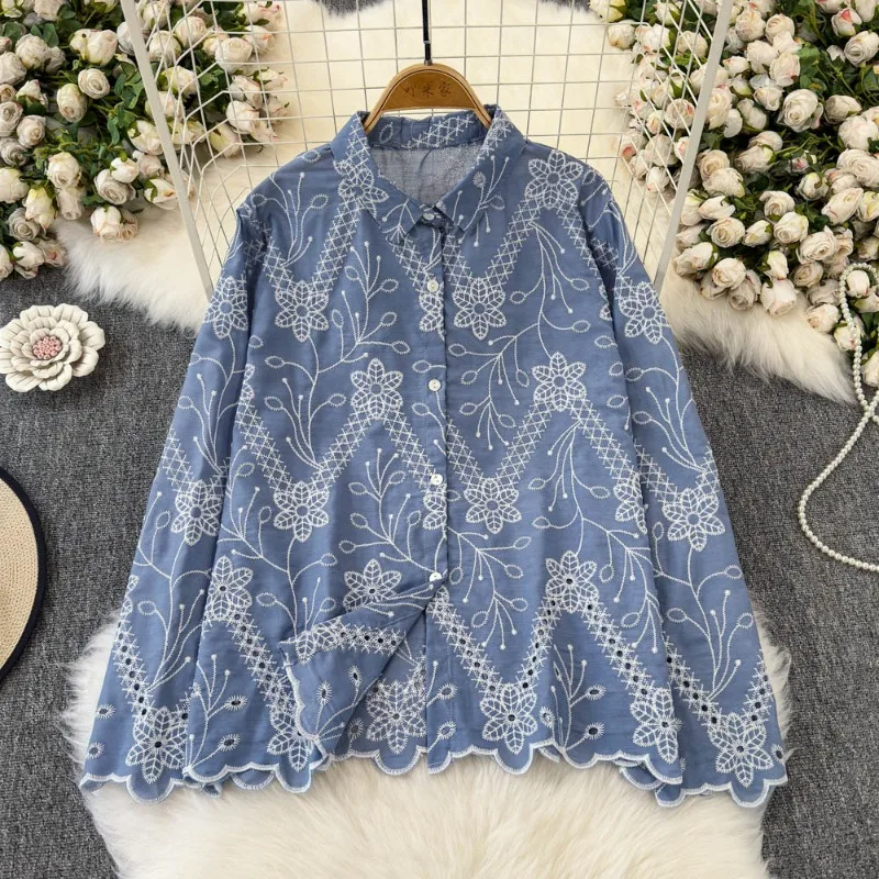 

Turn Down Collar Single-breasted Shirts Hollow Out Embroidery High Grade Blouses 2025 New Vintage Women Clothing Blusas Mujer