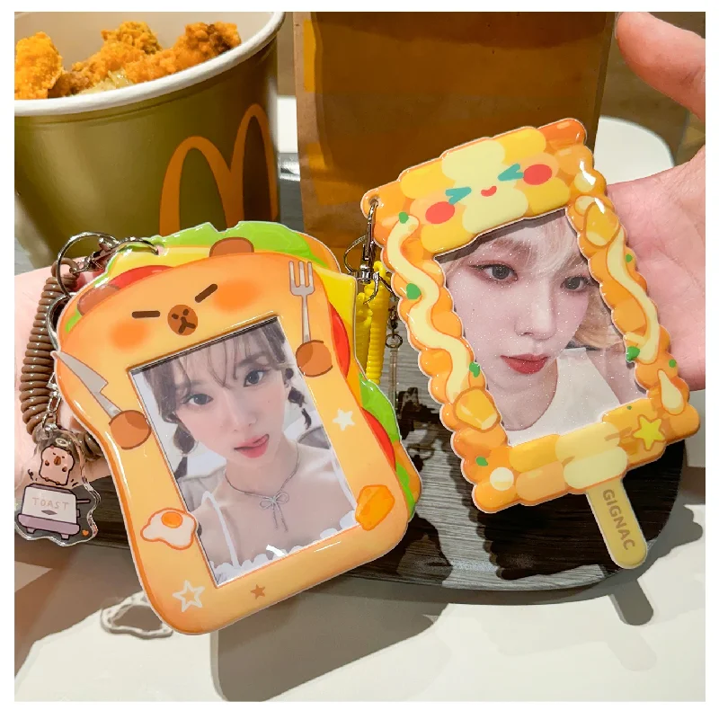 Imagem -03 - Kawaii Hamburgo Polegada Kpop Photocard Titular Milho Sanduíche Foto Cartão Titular Bolsa Pingente Escola Papelaria