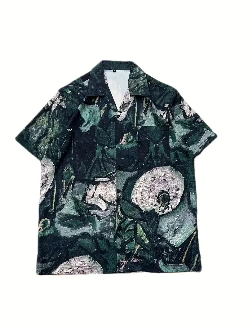 Men\'s beautiful printed shirt for summer outdoor activities, casual breathable button down beach short sleeve shirt