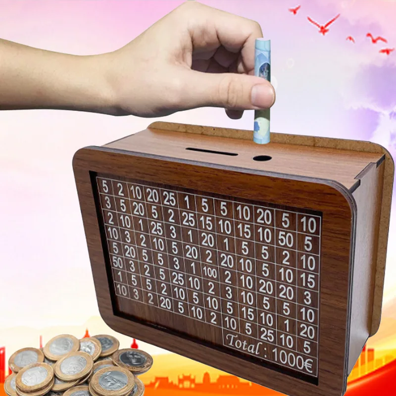 1 Pcs Wooden DIY Reusable Handmade Money Box, with Saving Goal and Numbers To Help The Habit of Saving