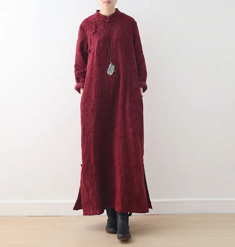 2023 Qipao New Arrival Long Sleeve Autumn Cotton Linen Chinese Style Robe Plus Size Vintage Dress Casual Ethic Winter Dress