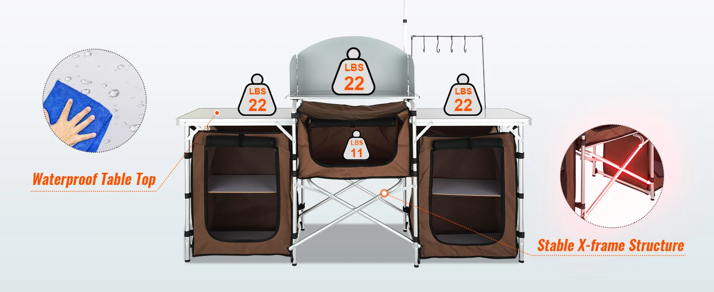 SucceBuy Camping Kitchen Table Folding Outdoor Cooking Table W/ Storage Carrying Bag Aluminum Cook Station 3 Cupboard Windscreen