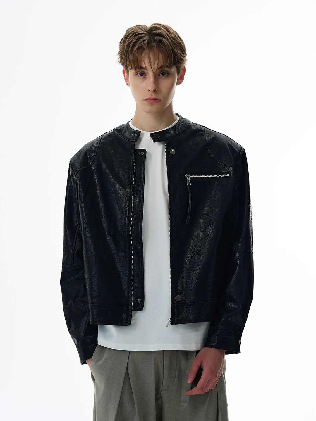 

Мужская кожаная куртка-бомбер в стиле ретро из искусственной кожи, с подплечниками, в стиле мотоциклетной одежды, свободного кроя