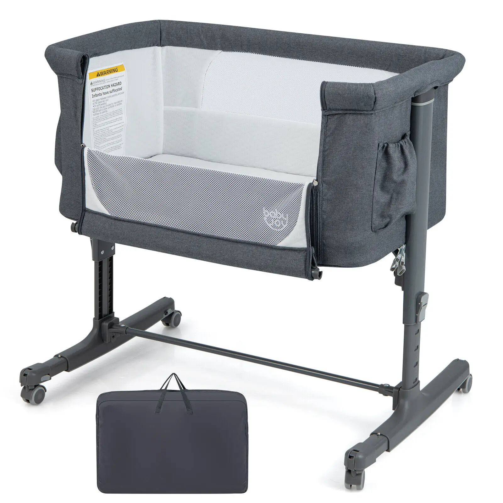 Babyjoy-cuna 3 en 1 para bebé, cuna con 5 niveles ajustables, gris