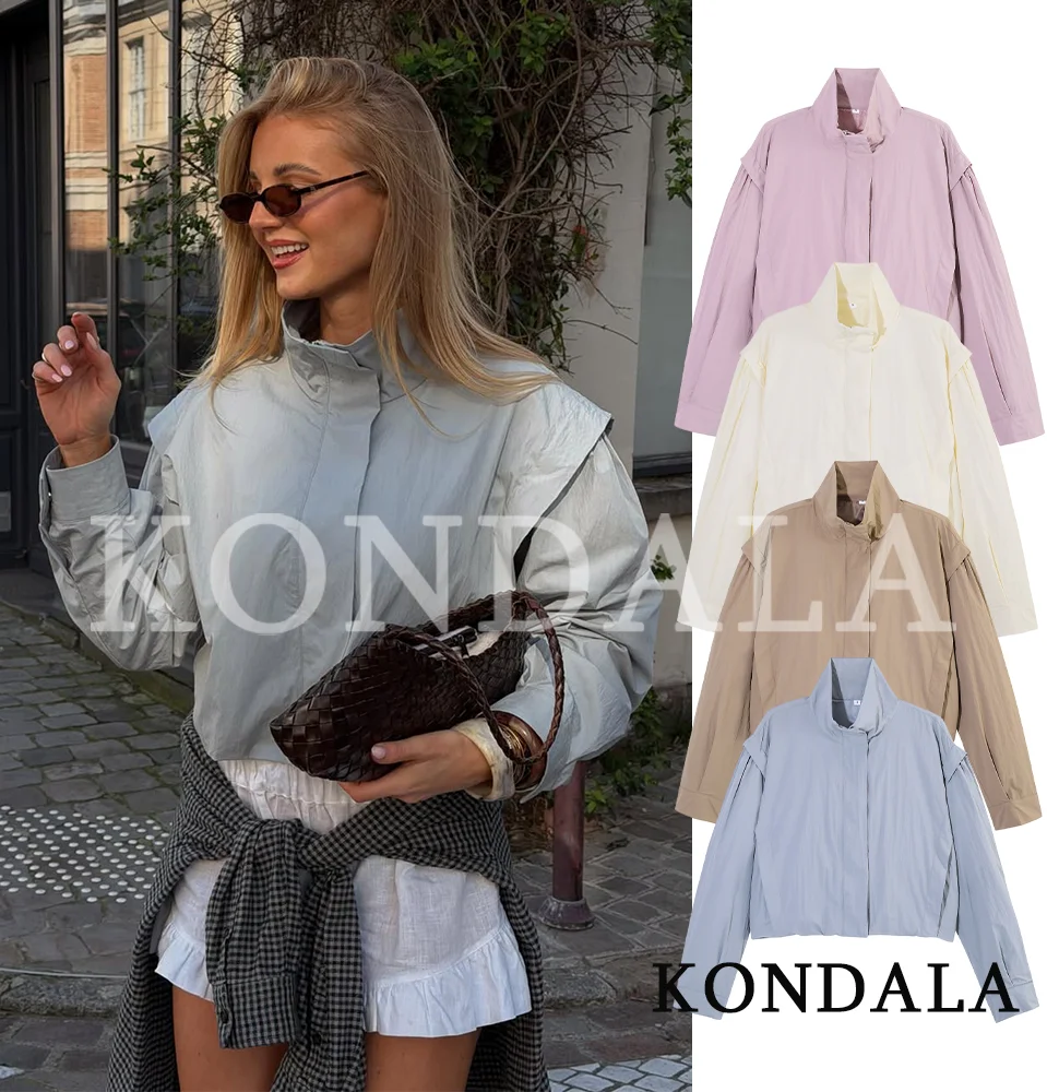 KONDALA Women Summer Stand-Collar Jacket 2026 New Trends Holidays Casual Zip-up Jacket Lady Fashion Simple Commute Light Jacket