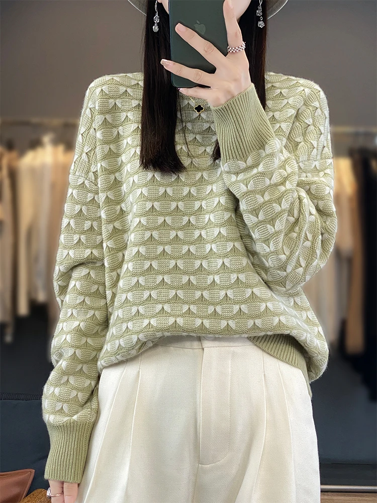 

100% мериносовая шерсть, женский осенне-зимний двухцветный пуловер с круглым вырезом и бабочкой, модный свободный универсальный элегантный свитер с длинными рукавами