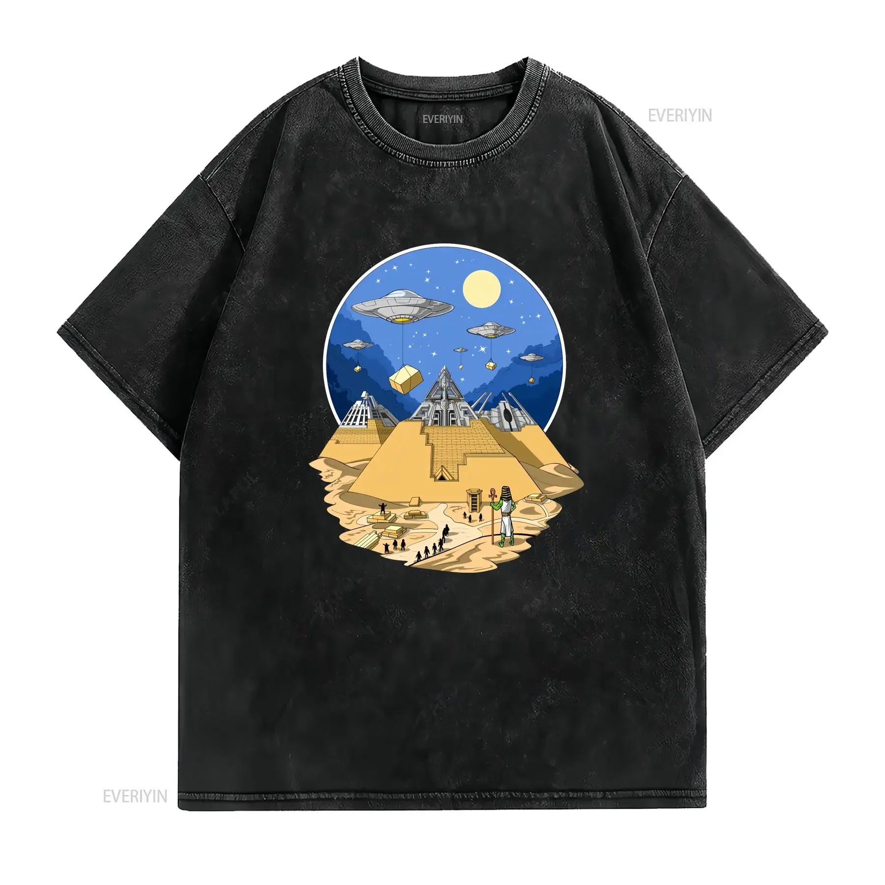 NEW LIMITED Ancient Egyptian Pyramids Aliens Space UFO Science Fiction T Shirt vintage Washed fashion Slightly Stretched Soft