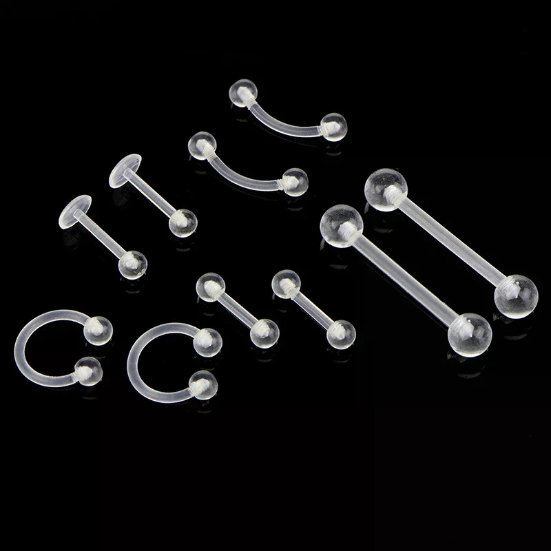 10pcs/set Transparent Acrylic Barbell Eyebrow Belly Tongue Ring Piercing Jewelry High Quality