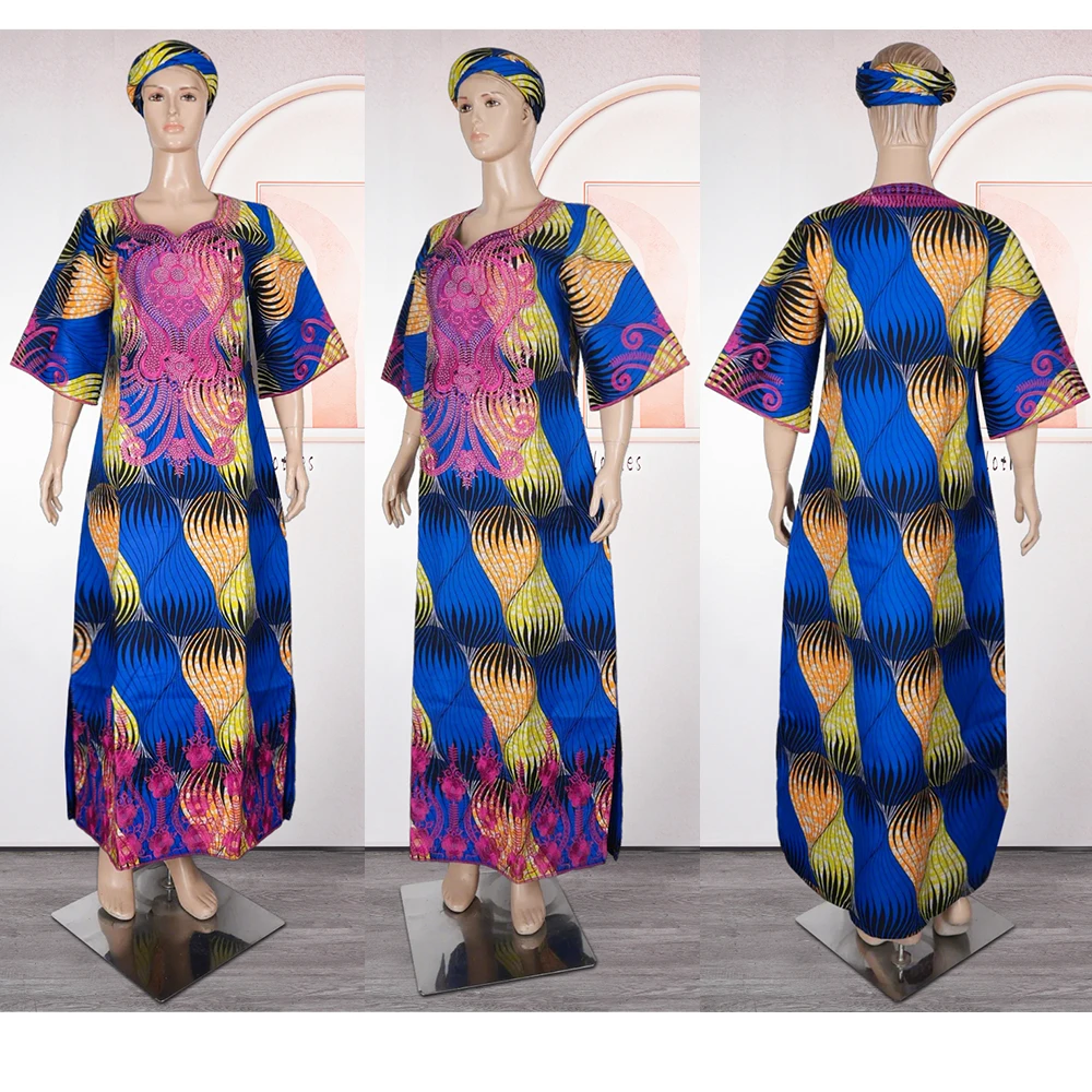 Plus Size African Clothes for Women 2024 New Dashiki Ankara Embroidery Bazin Riche Design Wedding Party Dresses with Headscarf