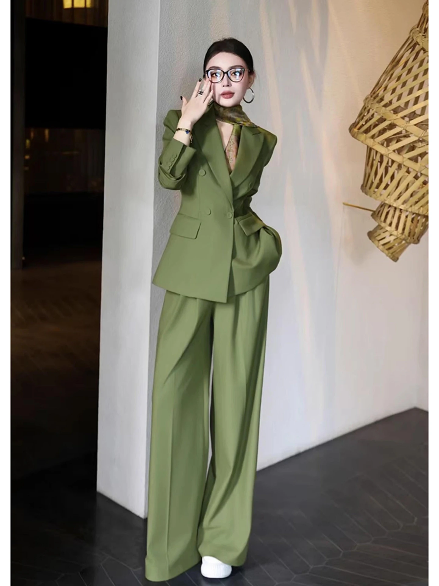 

Elegant Green Suit Set for Important Occasions Commute High Waist Korean Style Loose Fit Casual Fashion plus Size Women's Ens...
