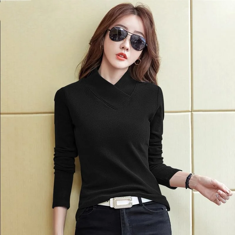 2023 Autumn/Winter New Half High Collar Solid Underlay Shirt Wild Popularity Slim Fit V-Neck Long Sleeve Comfortable T-shirt