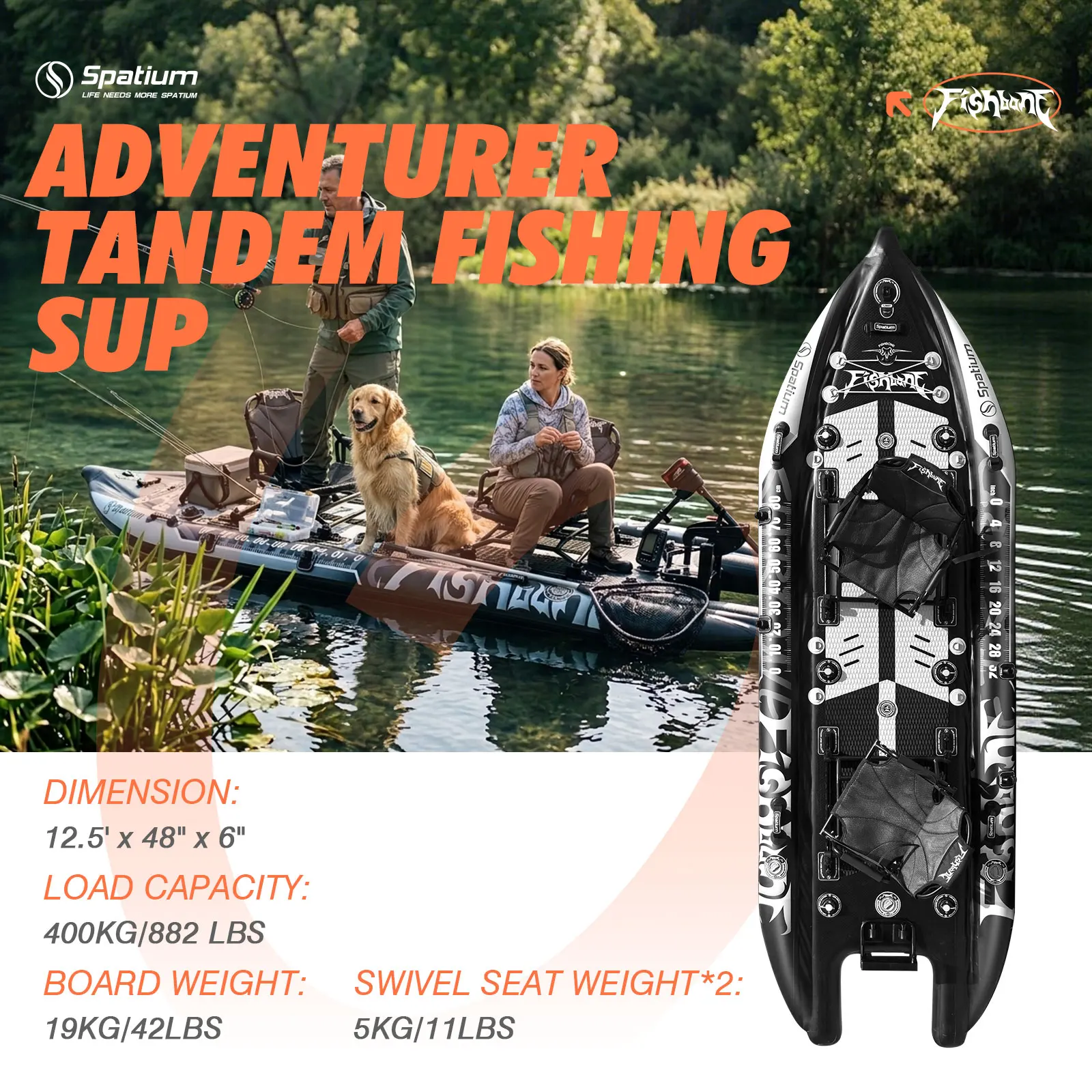 Spatium 381 Cm Inflatable Fishing Kayak Foldable For Convenient Storage Fishing Paddle Board For Two People Fishing Together