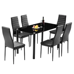 6-Seater Dining Table Chair Set Includes 1 Tempered Glass Dining Table + 6  High Backrest Dining Chairs Black