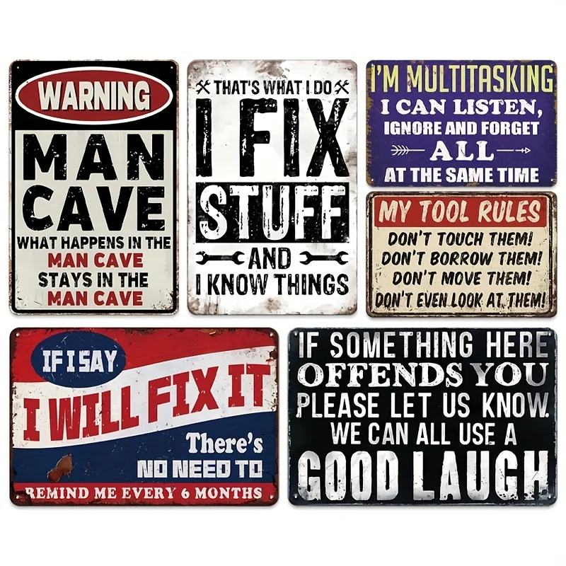6pcs Retro Metal Slogan Sign, Fun Wall Art Tools Decor, Sign for Man Cave, Rustic Wall Decor, 20.32X30.48 cm Tin Sign for Garage